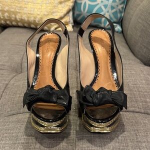 bebe Black and Gold Peep-Toe Heels